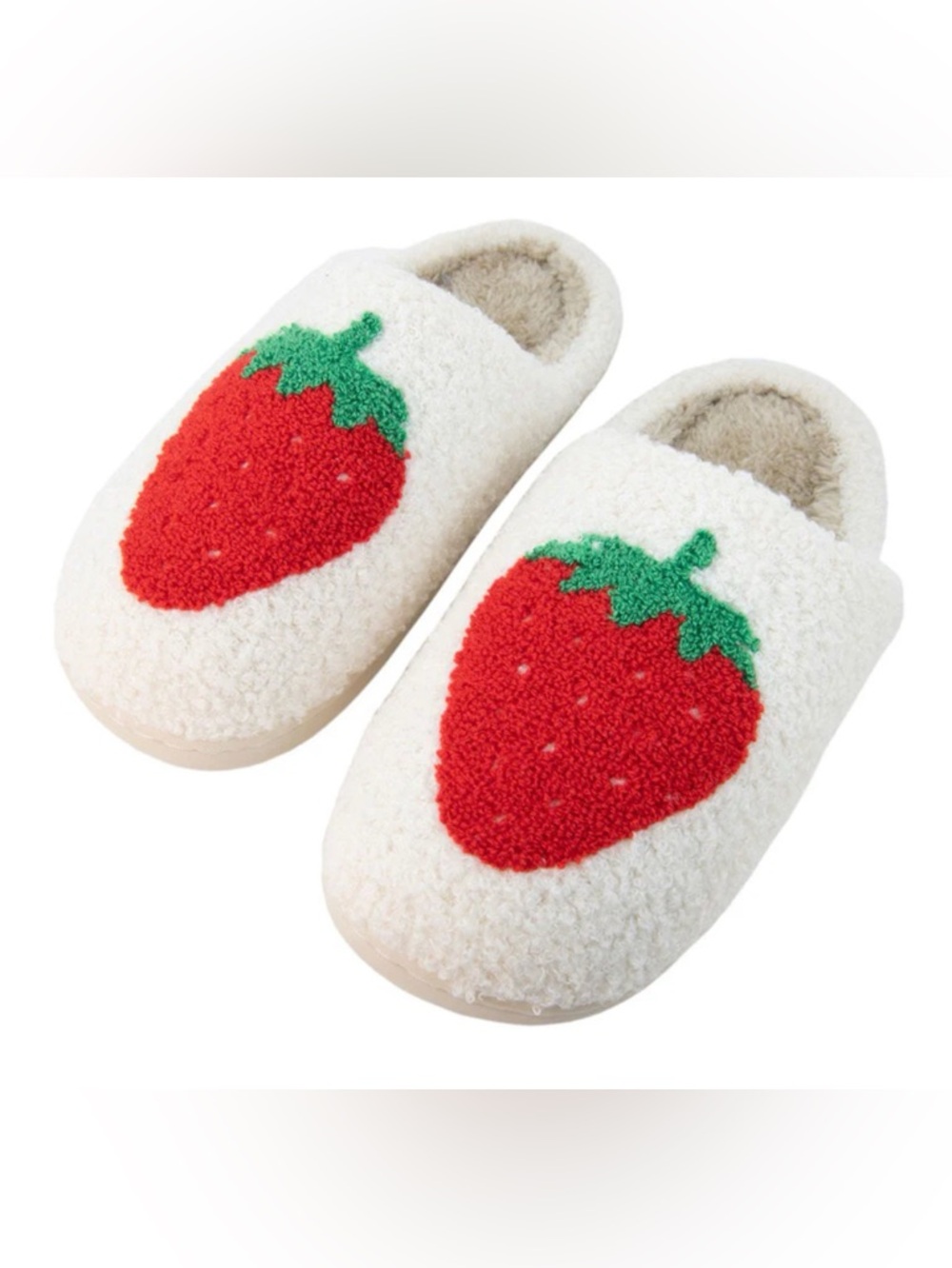 Katydid Cream Slip-On Slippers with Red & Green Strawberry Applique
